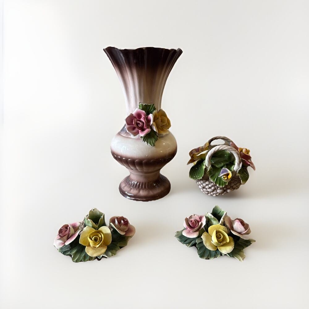 Vintage Handcrafted Nuova Capodimonte Porcelain Vase, Candle Holders, Decor